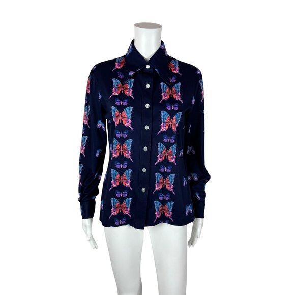 Vintage 70s Butterfly Top Women's Large Purple Novelty Print Polyester Blouse Bo
